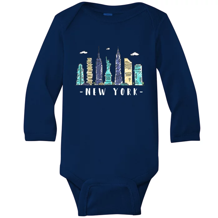 New York City Nyc Skyline Ny Watercolor Souvenir Gift Baby Long Sleeve Bodysuit