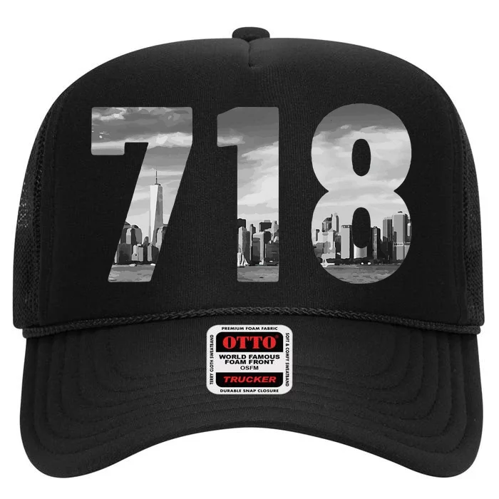 New York City 718 Area Code Skyline Queens Ny Nyc Vintage High Crown Mesh Trucker Hat