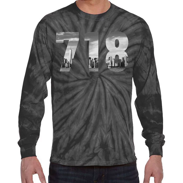 New York City 718 Area Code Skyline Queens Ny Nyc Vintage Tie-Dye Long Sleeve Shirt