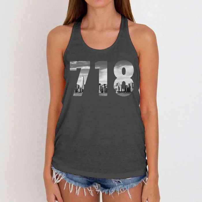 New York City 718 Area Code Skyline Queens Ny Nyc Vintage Women's Knotted Racerback Tank