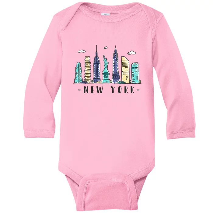 New York City Nyc Skyline Ny Watercolor Souvenir Gift Baby Long Sleeve Bodysuit