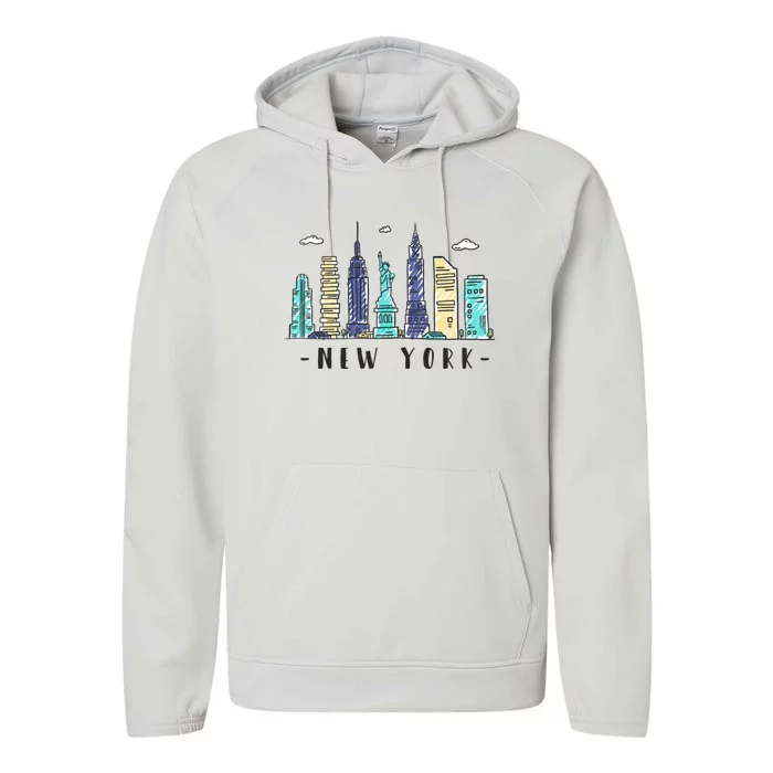 New York City Nyc Skyline Ny Watercolor Souvenir Gift Performance Fleece Hoodie