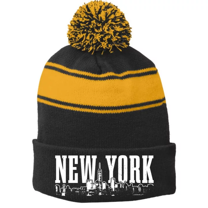 New York City Skyline Ny Vintage Nyc Stripe Pom Pom Beanie