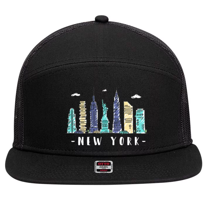 New York City Nyc Skyline Ny Watercolor Souvenir Gift 7 Panel Mesh Trucker Snapback Hat