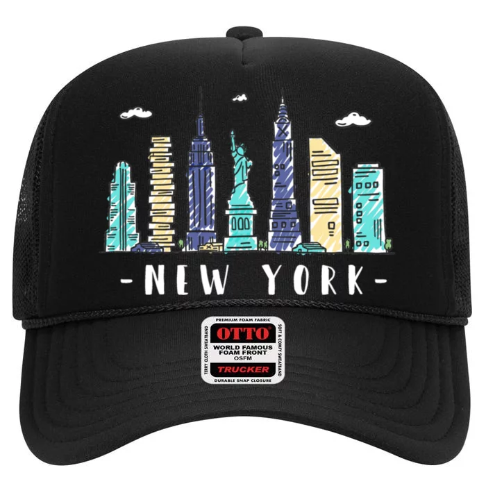 New York City Nyc Skyline Ny Watercolor Souvenir Gift High Crown Mesh Trucker Hat