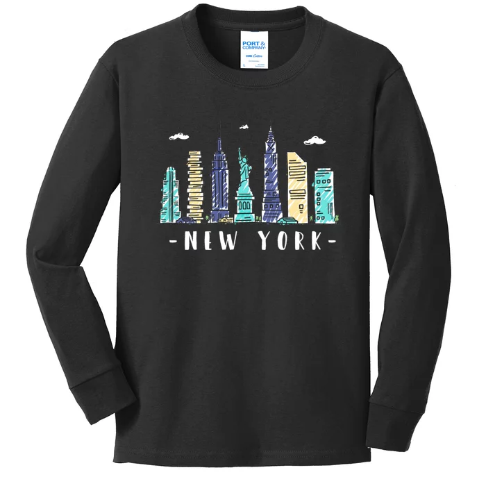 New York City Nyc Skyline Ny Watercolor Souvenir Gift Kids Long Sleeve Shirt