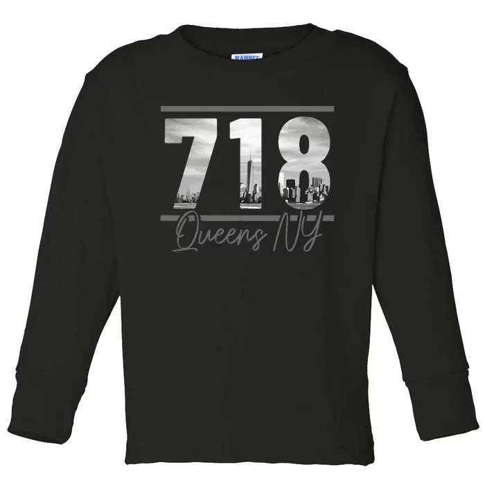 New York City 718 Area Code Skyline Queens Ny Nyc Vintage Toddler Long Sleeve Shirt