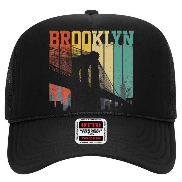 New York City Brooklyn Bridge Vintage Retro Skyline Nyc Ny High Crown Mesh Trucker Hat