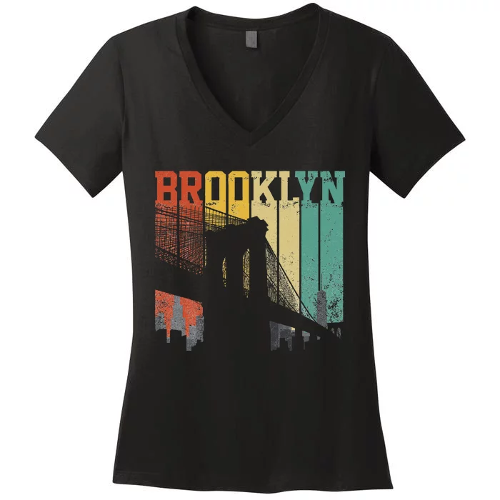 New York City Brooklyn Bridge Vintage Retro Skyline Nyc Ny Women's V-Neck T-Shirt