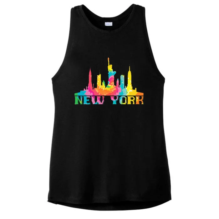 New York City Skyline Nyc Tie Dye Liberty Ladies Tri-Blend Wicking Tank