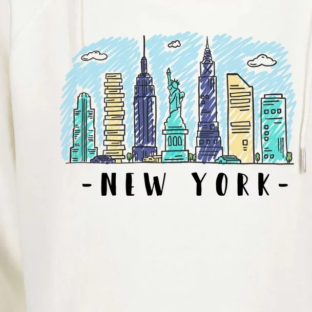 New York Cartoon Style Illustration Womens Funnel Neck Pullover Hood