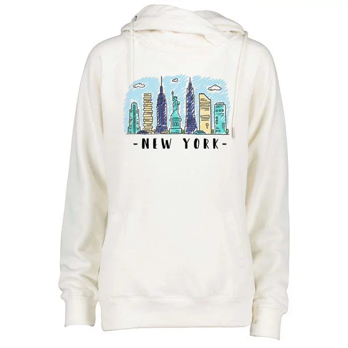 New York Cartoon Style Illustration Womens Funnel Neck Pullover Hood