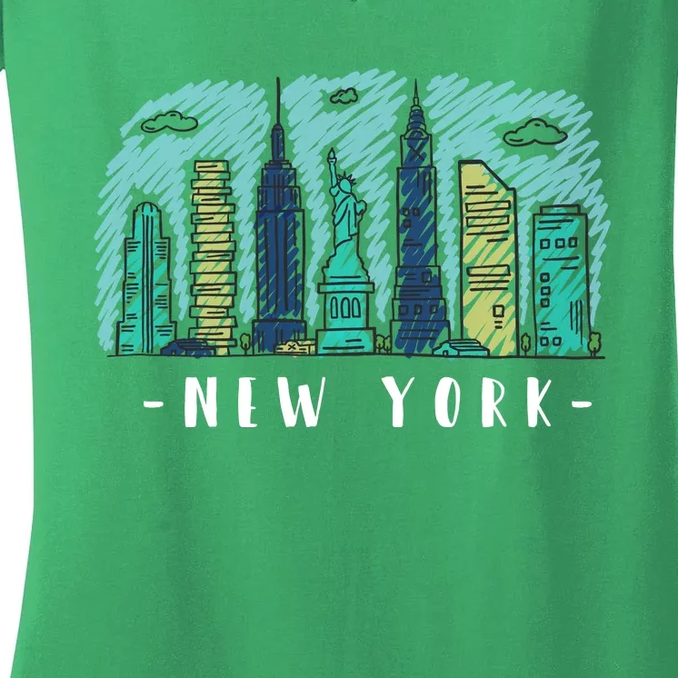 New York Cartoon Style Illustration Women's V-Neck T-Shirt