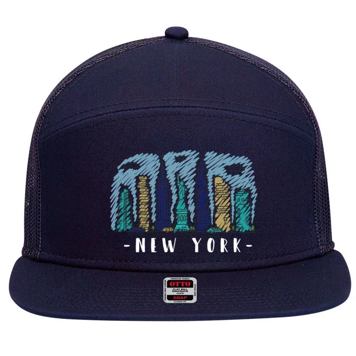 New York Cartoon Style Illustration 7 Panel Mesh Trucker Snapback Hat