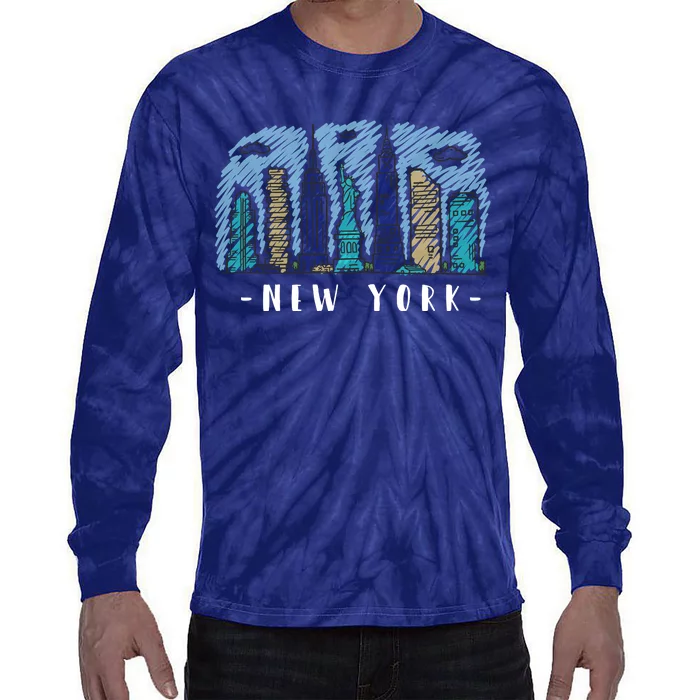 New York Cartoon Style Illustration Tie-Dye Long Sleeve Shirt