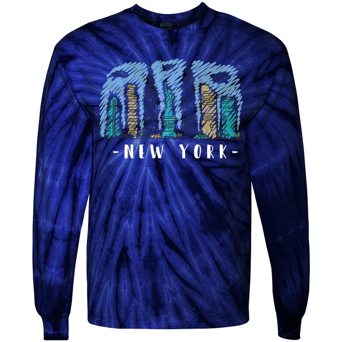 New York Cartoon Style Illustration Tie-Dye Long Sleeve Shirt