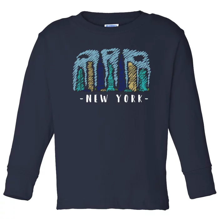 New York Cartoon Style Illustration Toddler Long Sleeve Shirt