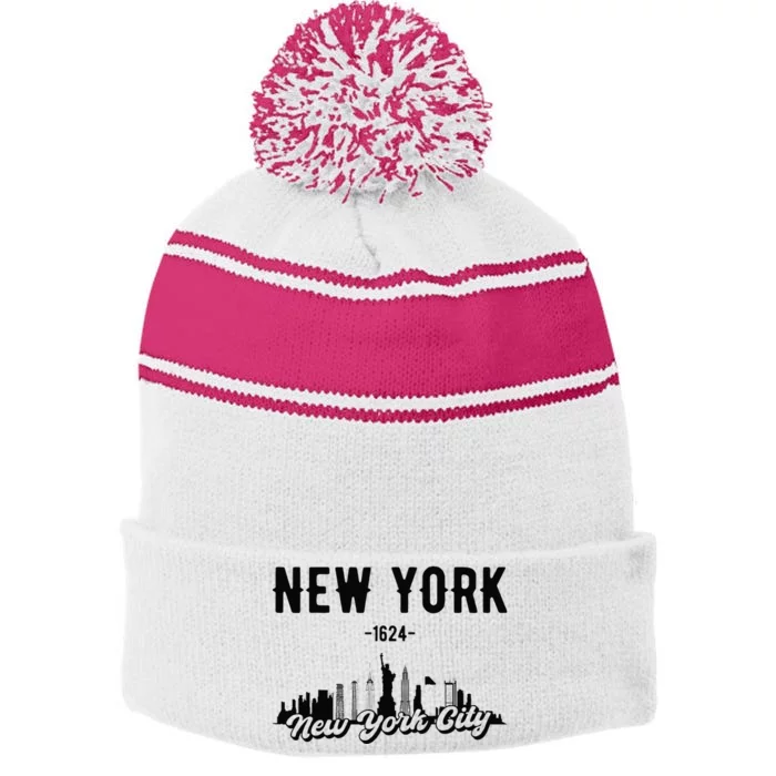 New York City Skyline Stripe Pom Pom Beanie