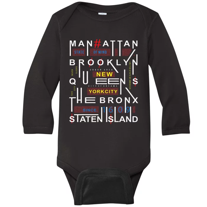 New York City Big Apple Bronx Queens Manhattan Staten Island Baby Long Sleeve Bodysuit