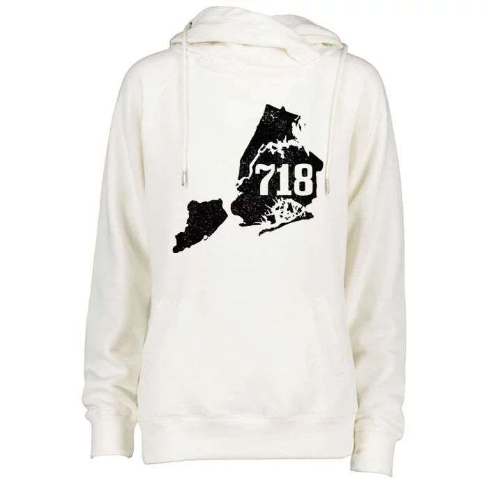 New York City 718 Area Code Queens Ny Nyc Map Pride Vintage Womens Funnel Neck Pullover Hood