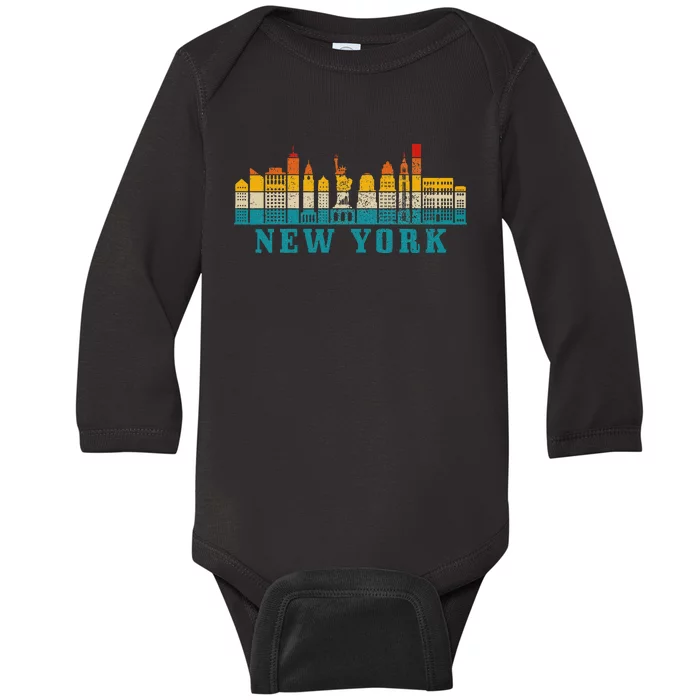 New York City Skyline Ny Nyc Vintage Pride Retro Baby Long Sleeve Bodysuit