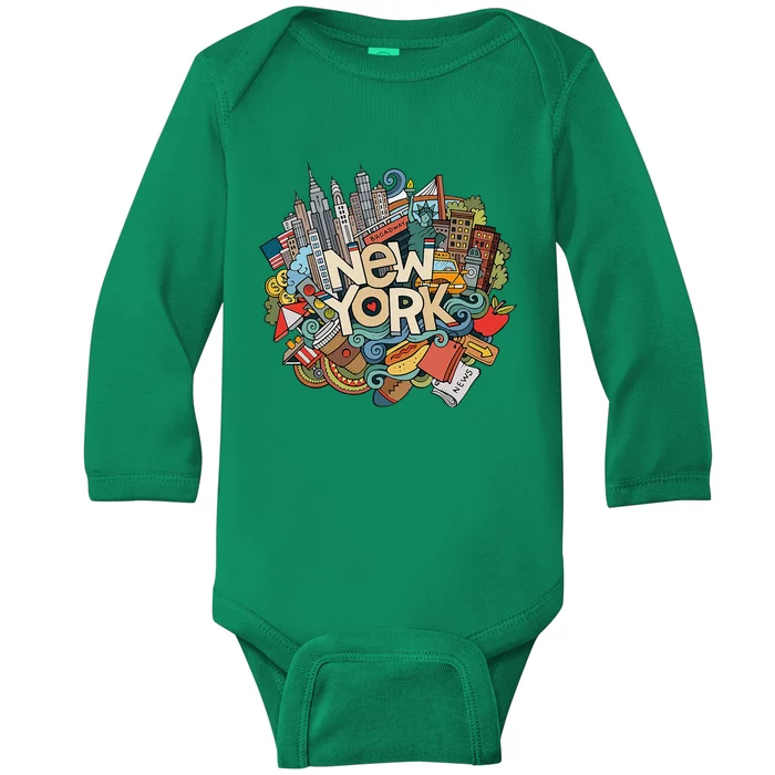 New York City Nyc Iconic Skyline Big Apple Gift Souvenir Baby Long Sleeve Bodysuit