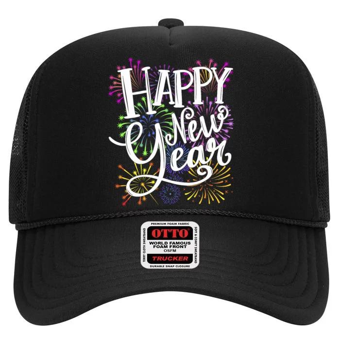 New Years Eve Party Supplies 2024 Happy New Year Fireworks High Crown Mesh Trucker Hat