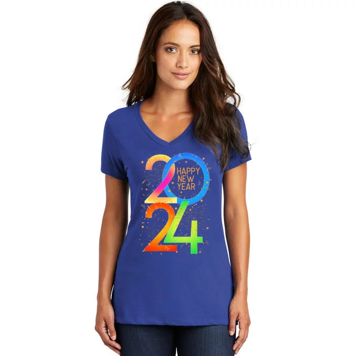 New Year's Eve 2024 Colorful NYE Party Women's V-Neck T-Shirt