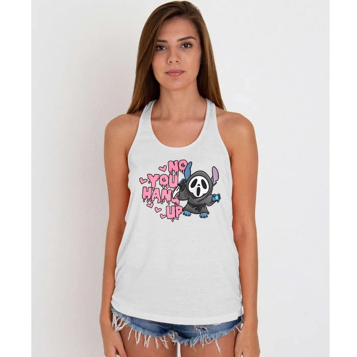 No You Hang Up Funny Ghostface Scream Horror Valentine's Day Women's Knotted Racerback Tank