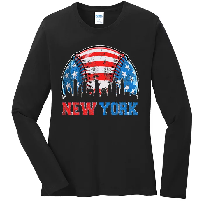 New York NY Skyline Baseball Vintage Met At Gameday Ladies Long Sleeve Shirt