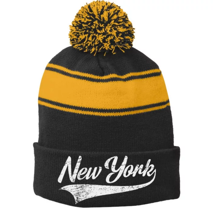 New York Nyc Throwback Design Worn Style Design Classic Stripe Pom Pom Beanie