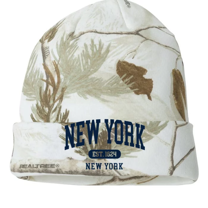 New York NY Est 1624 Arched Varsity Text Kati - 12in Camo Beanie