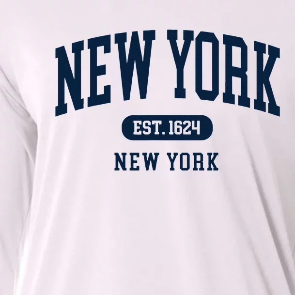 New York NY Est 1624 Arched Varsity Text Cooling Performance Long Sleeve Crew