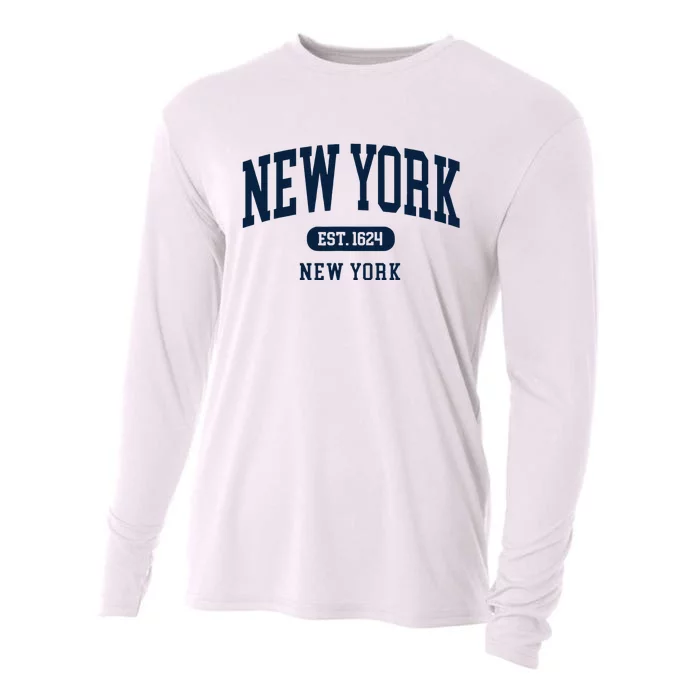 New York NY Est 1624 Arched Varsity Text Cooling Performance Long Sleeve Crew