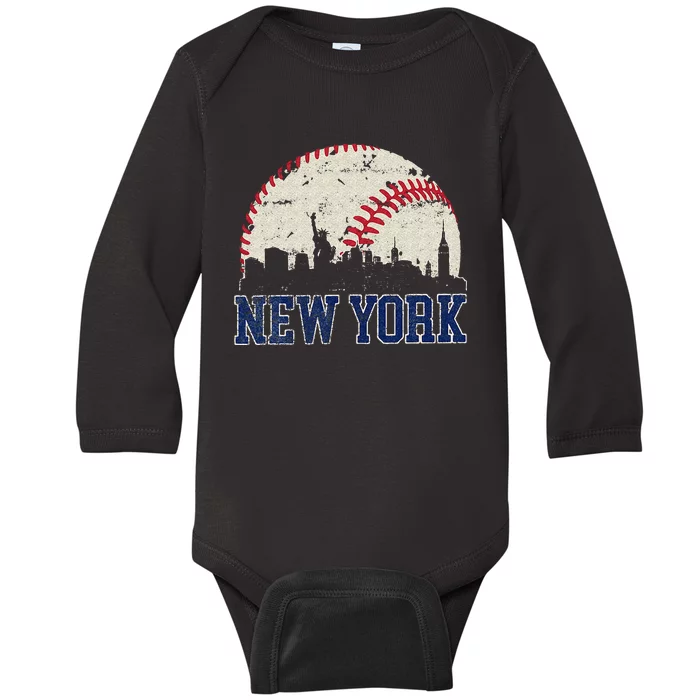 New York Retro Baseball Lover Met At Game Day Baby Long Sleeve Bodysuit