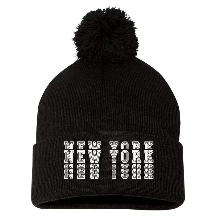 New York Stacked Pom Pom 12in Knit Beanie