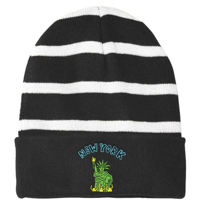 New York Statue Of Liberty Striped Beanie with Solid Band