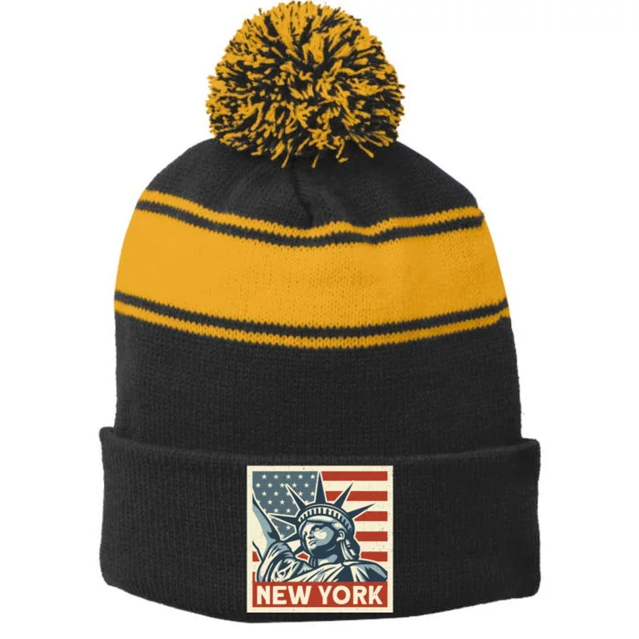 New York Stamp For Travellers And Tourists Stripe Pom Pom Beanie