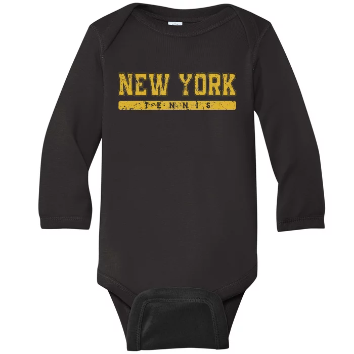 New York Tennis Yellow Vintage Text Baby Long Sleeve Bodysuit