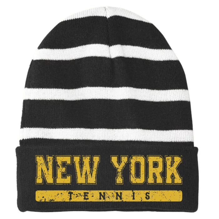 New York Tennis Yellow Vintage Text Striped Beanie with Solid Band