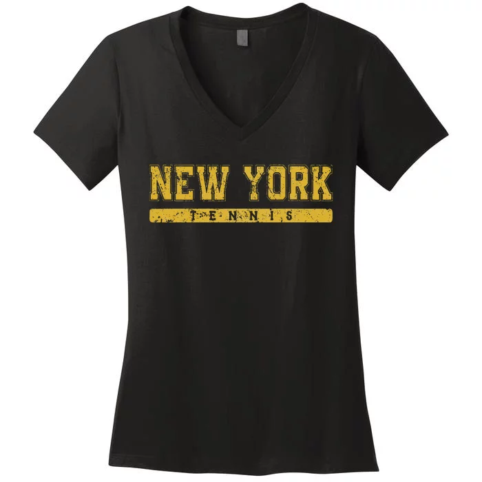 New York Tennis Yellow Vintage Text Women's V-Neck T-Shirt