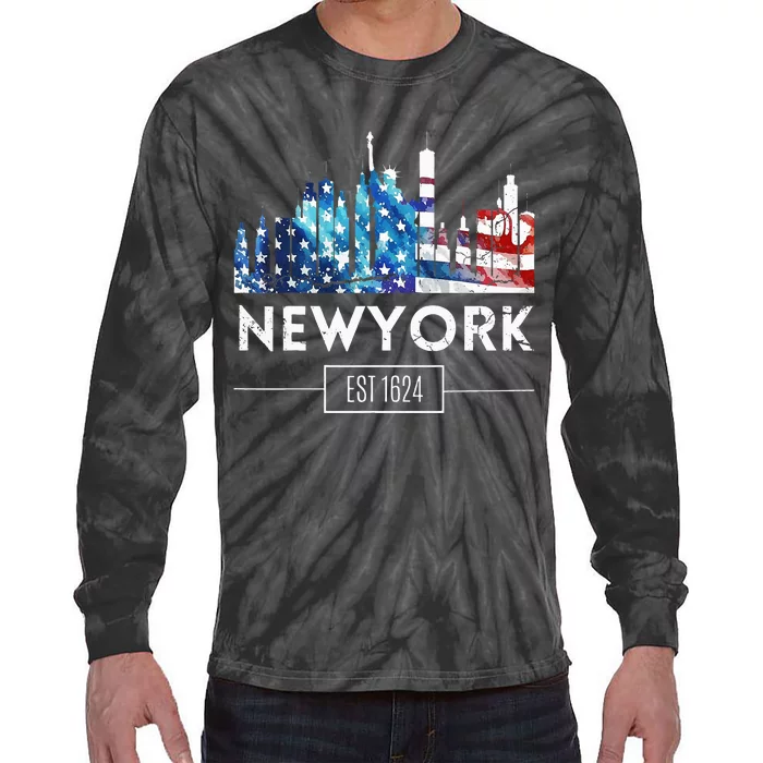 New York Us Amercan Flag Matching Souvenir Retro Tie-Dye Long Sleeve Shirt