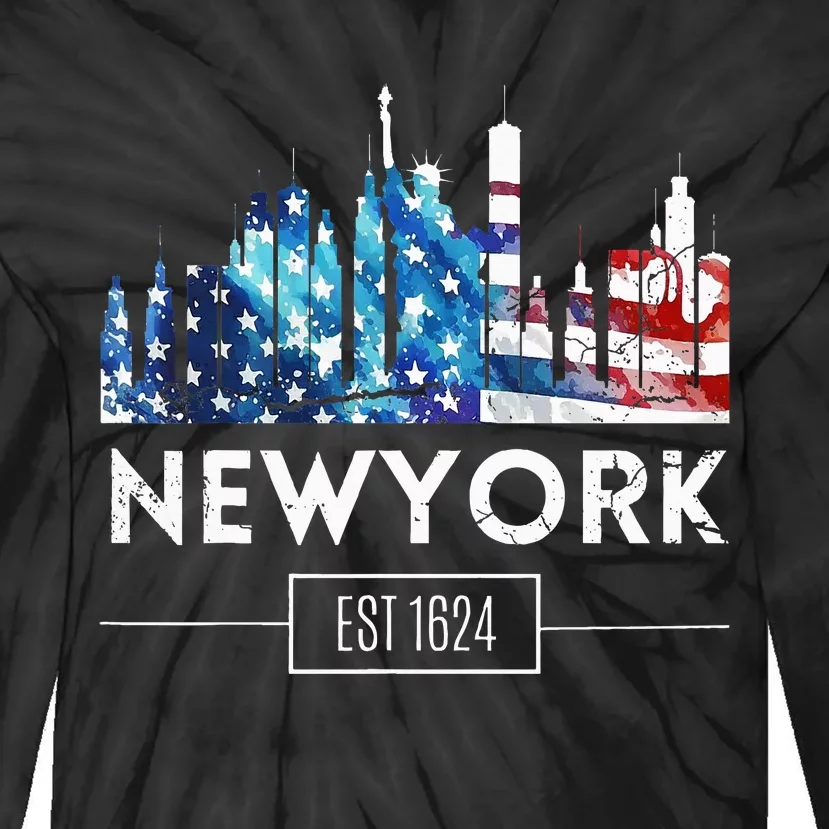 New York Us Amercan Flag Matching Souvenir Retro Tie-Dye Long Sleeve Shirt