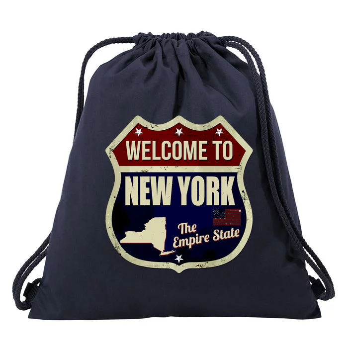 New York Vintage Metal Road Sign Logo Drawstring Bag