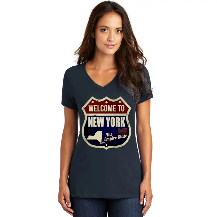 New York Vintage Metal Road Sign Logo Women's V-Neck T-Shirt