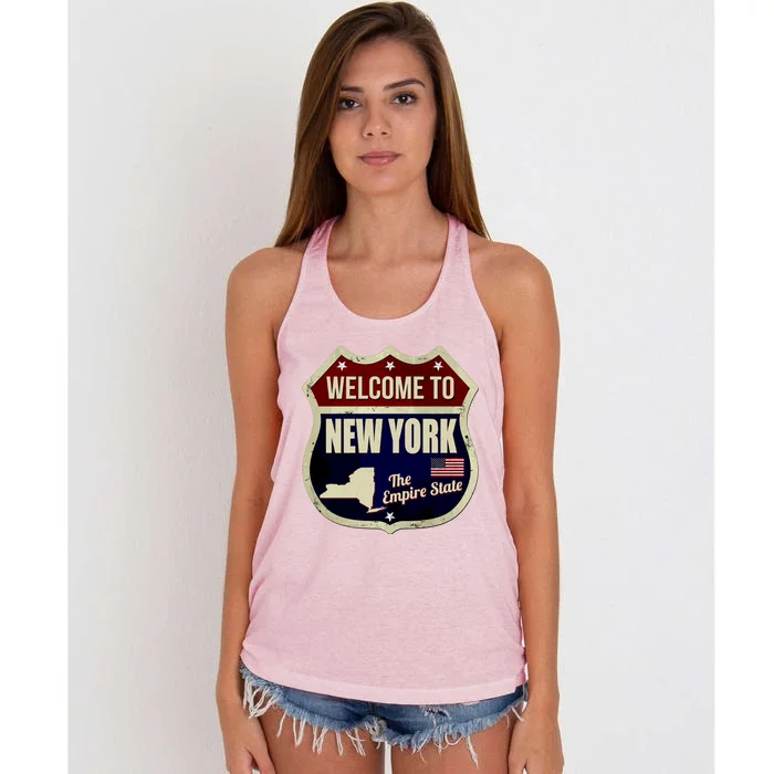 New York Vintage Metal Road Sign Logo Women's Knotted Racerback Tank