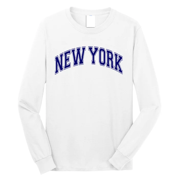 New York Varsity Style Blue Text Throwback Design Long Sleeve Shirt