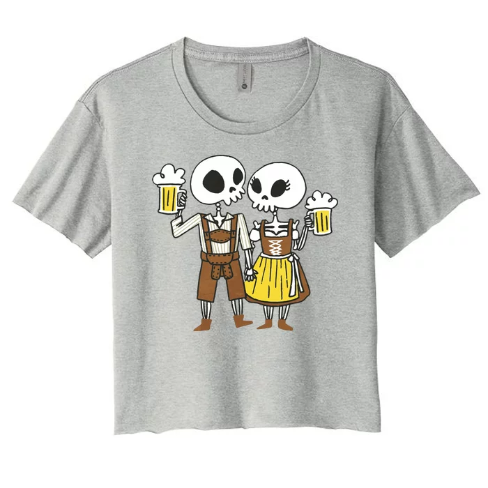 Oktoberfest 2023 Beer Drinking Skeleton Couple Women's Crop Top Tee