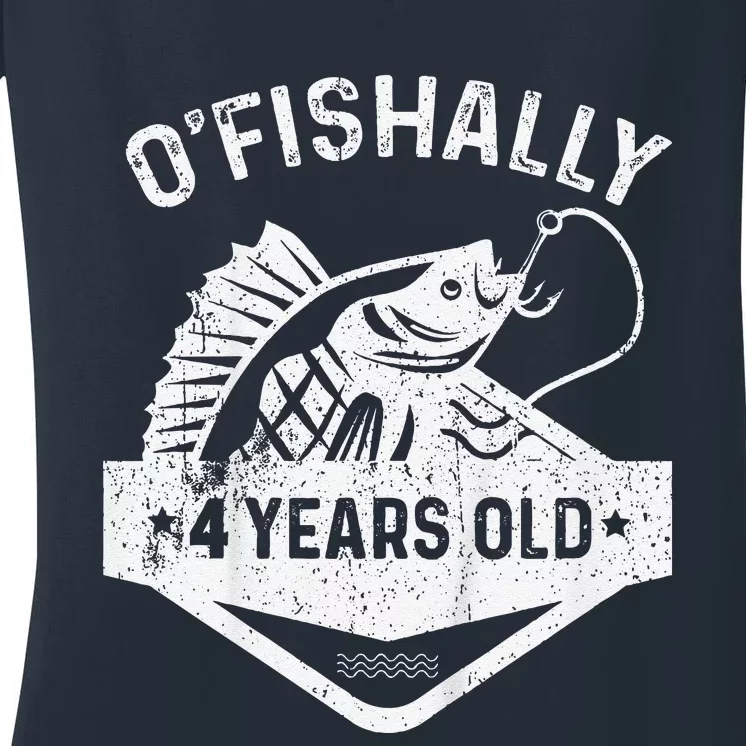 Ofishally 4 Years Old Funny Officially 4th Bday Fishing Women's V-Neck T-Shirt