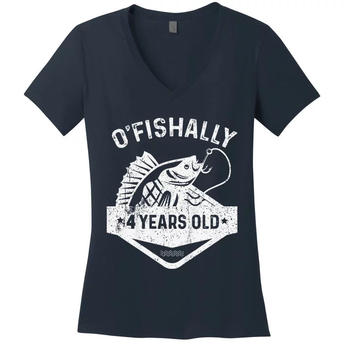 Ofishally 4 Years Old Funny Officially 4th Bday Fishing Women's V-Neck T-Shirt